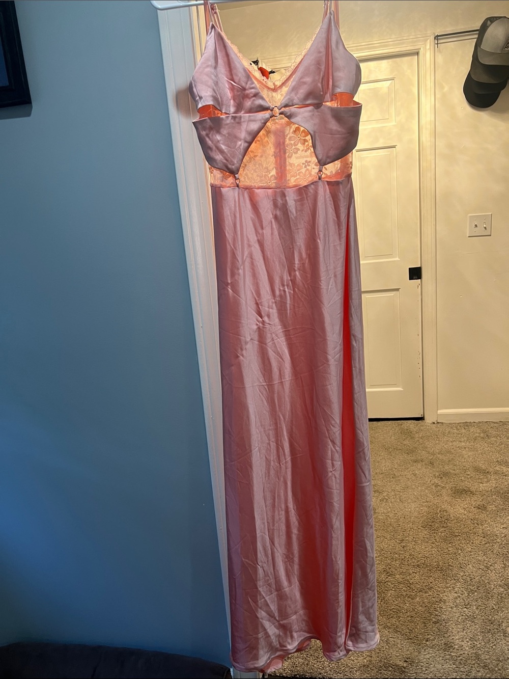 Pink Satin Maxi Dress with Lace Bodice